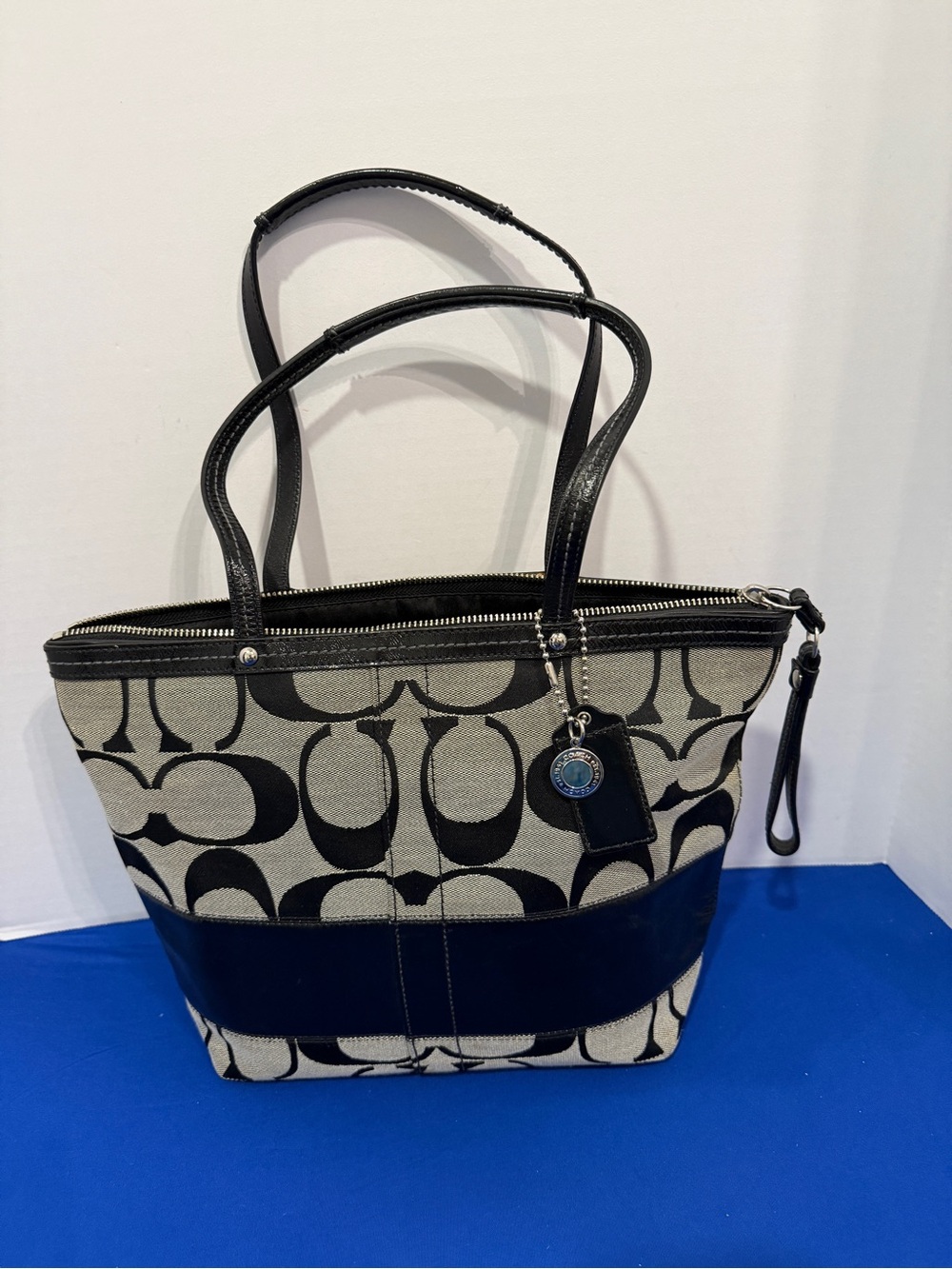 Coach Black and Cream Signature Canvas Tote with Leather Trim